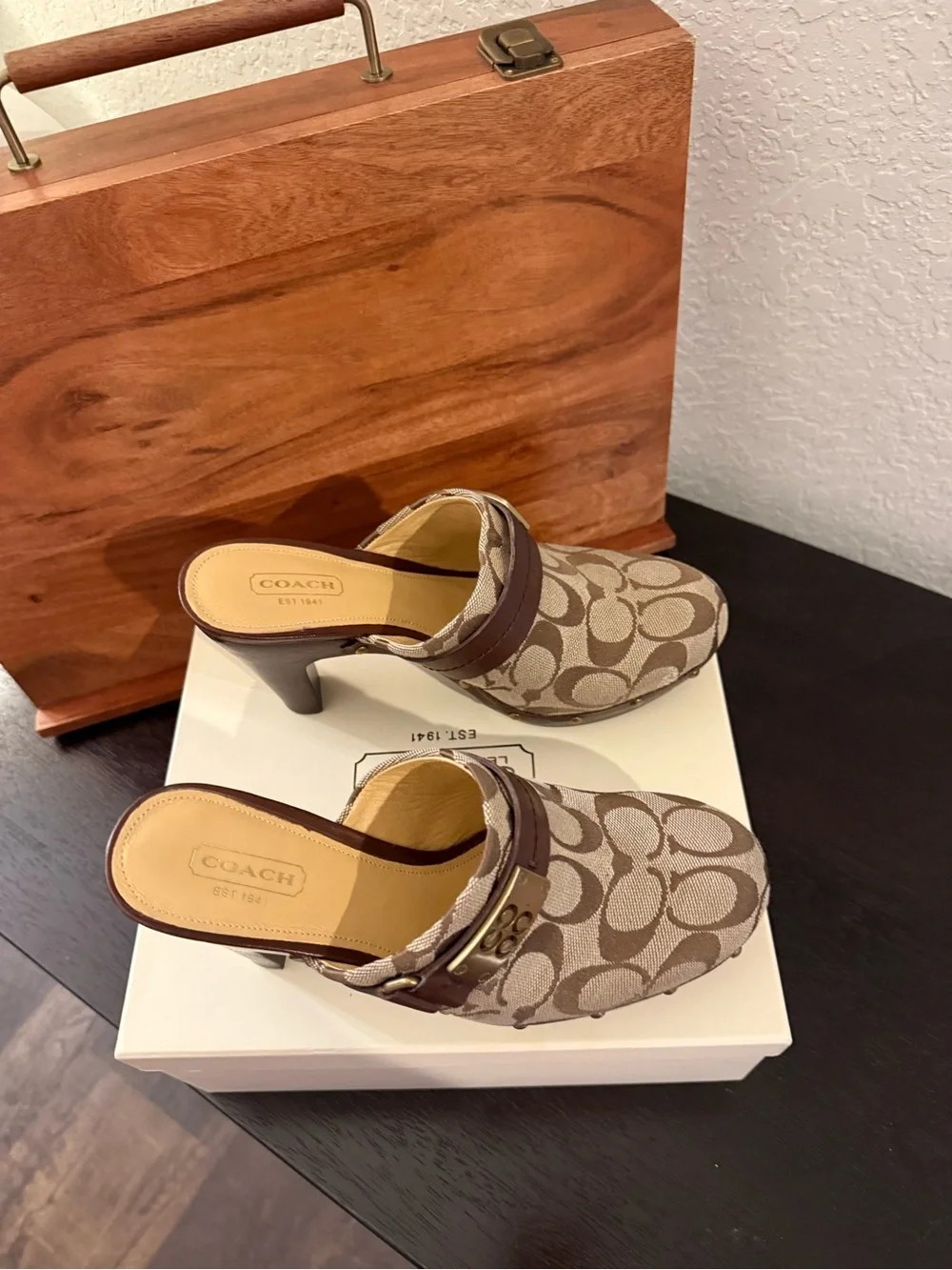Coach Brown & Beige Signature Canvas Clog Mules